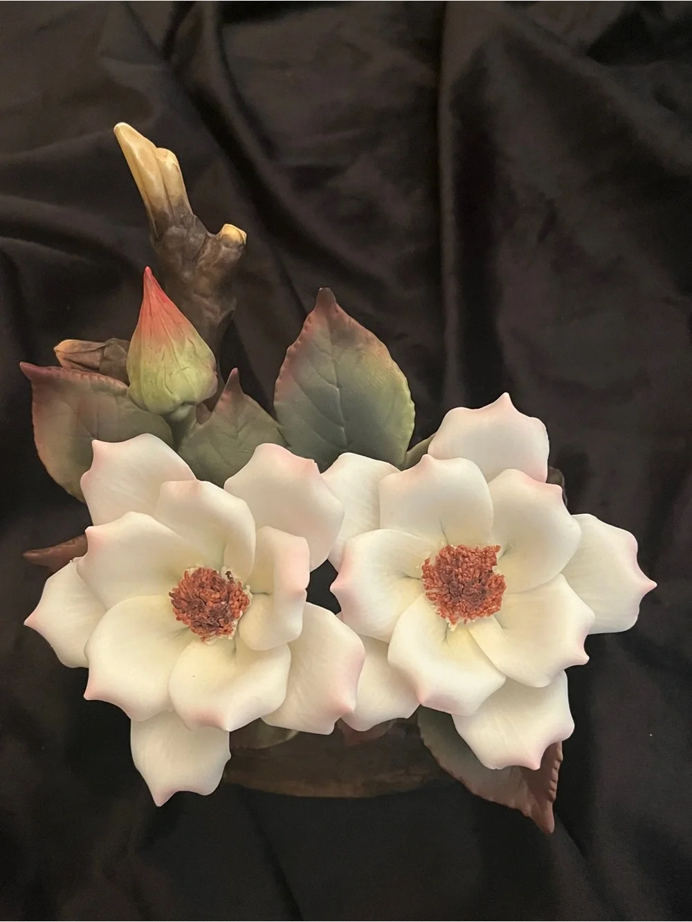 Vintage Porcelain Magnolia Flower Music Box Tree Stump Floral Figurine